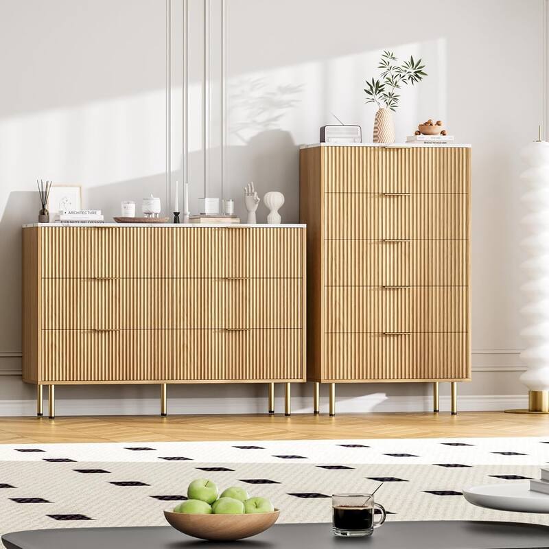 Fluted 6 Drawer Dresser for Bedroom, Large Chest with Gold Handle, Modern Wood Organizer for Living Room or Hallway