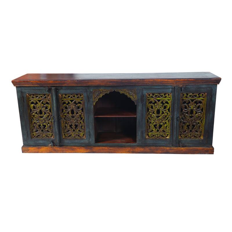 HomeRoots 91" Brown Gray and Green Solid Wood Buffet Table with Two Doors - 91.00 in. x 36.00 in. x 16.00 in.