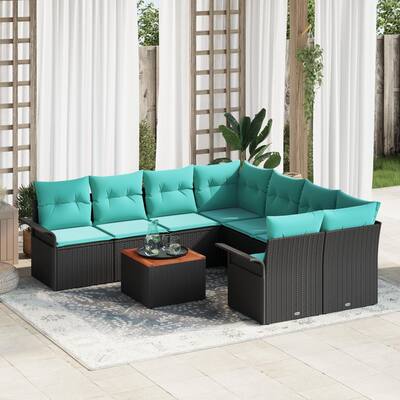 vidaXL 9 Garden Sofa Set with Cushions Black Poly Rattan - 95.9 x 92.1 x 27.2
