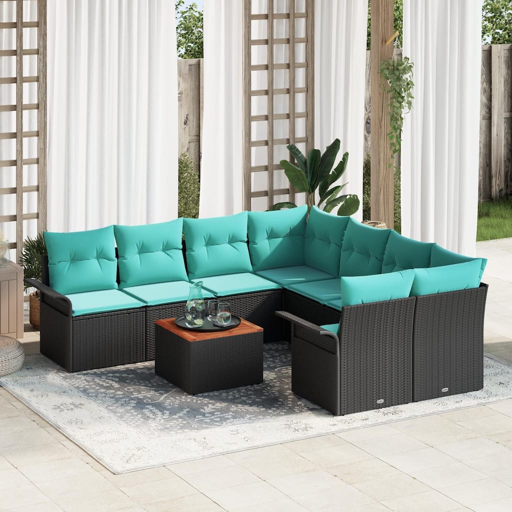 vidaXL 9 Garden Sofa Set with Cushions Black Poly Rattan - 95.9 x 92.1 x 27.2
