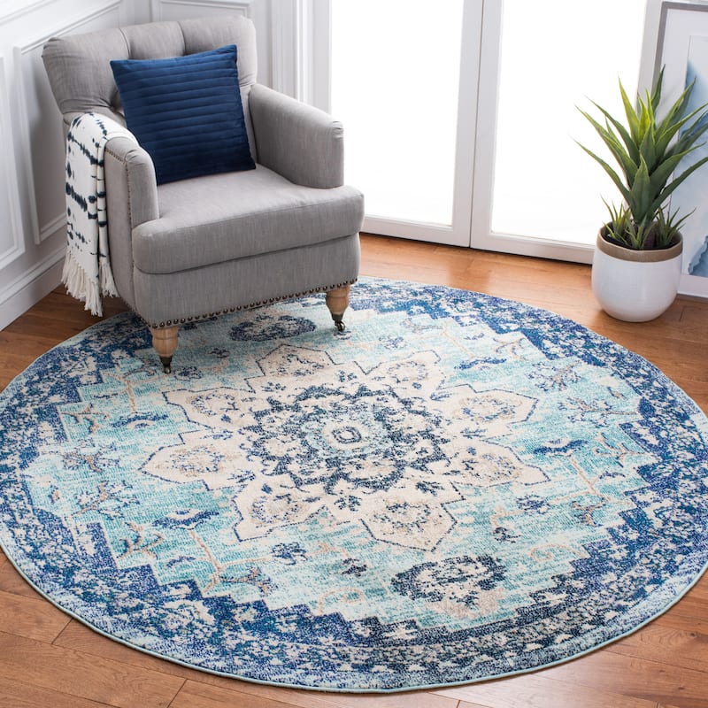 SAFAVIEH Madison Diederike Boho Medallion Distressed Rug - 5' Round - Teal/Navy - Round