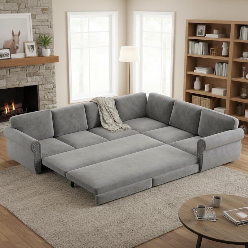 Homy Casa L-Shaped Sectional Sofa w/ Pull-Out Bed, Chenille Sleeper Couch w/ Nailhead Trim & Rolled Arm, Oversize - 6 Light Grey - Right Facing
