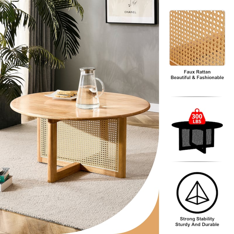 Wooden Coffee Table with Rattan Decorative Legs, Round Center Table, Rattan Snack Table Living Room End Table