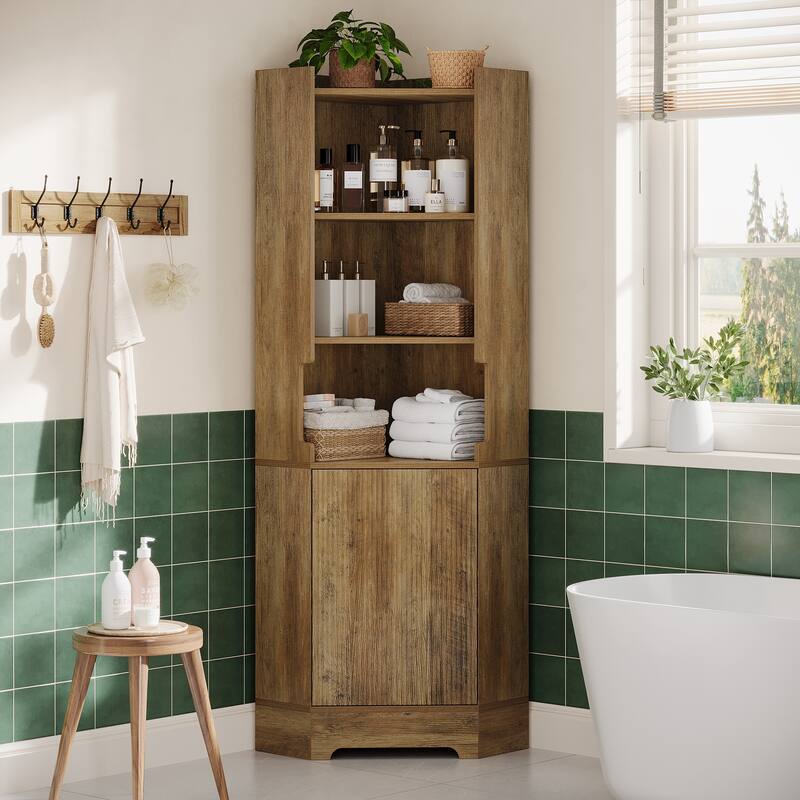 Corner Storage Cabinet with 4 Open Shelves and Cabinet