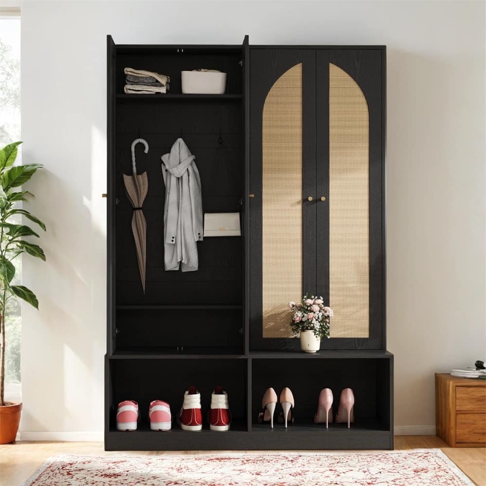 Widen Hall Tree with 4 Rattan Doors,Versatile 4-In-1 Seating Bench