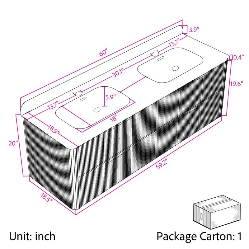 Modland 60" Natural Reeded Oak Wall-Mounted Double Sink Bathroom Vanity with Acrylic Top