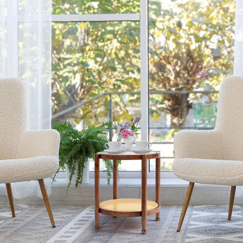 Rubberwood Coffee Table with Tempered Glass and Rattan - 19.7 x 19.7 x 23.2 in