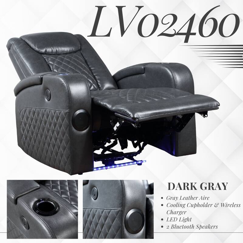 Alair Dark Gray Leather Aire Power Motion Recliner W/Bluetooth, Wireless Charger & Cupholder