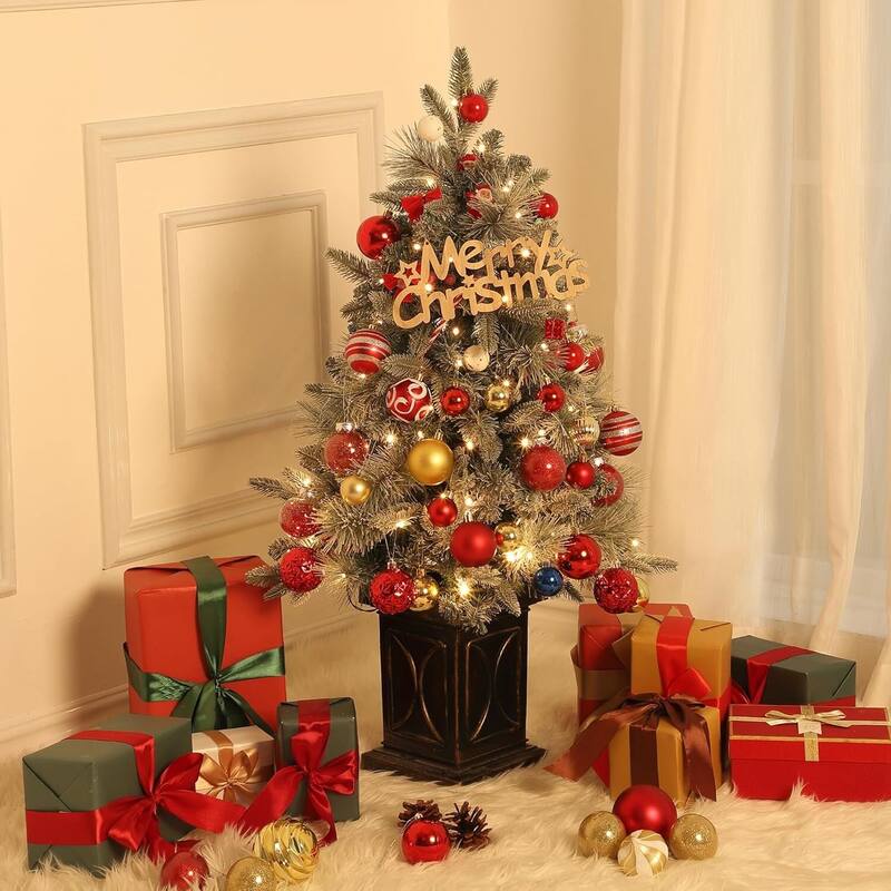 3FT Small Pre-Lit Artificial Christmas Tree with Arc Brown Base