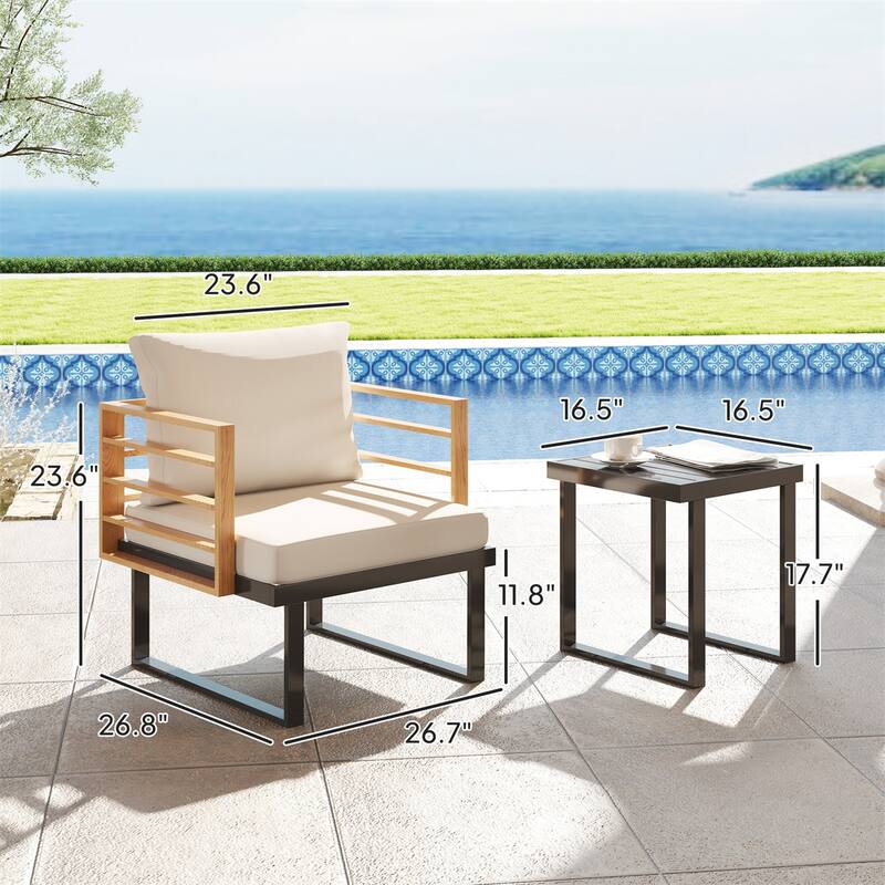 2-Seater Outdoor Table and Armchair Set with Comfortable Cushions and Protective Foot Pads - Table: 16.5" W x 16.5" D x 17.7" H
