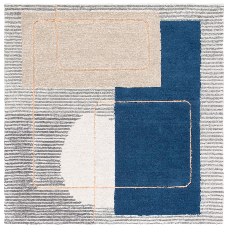 SAFAVIEH Handmade Ebony Kimi Contemporary Wool Rug - 3' Square - Beige/Blue