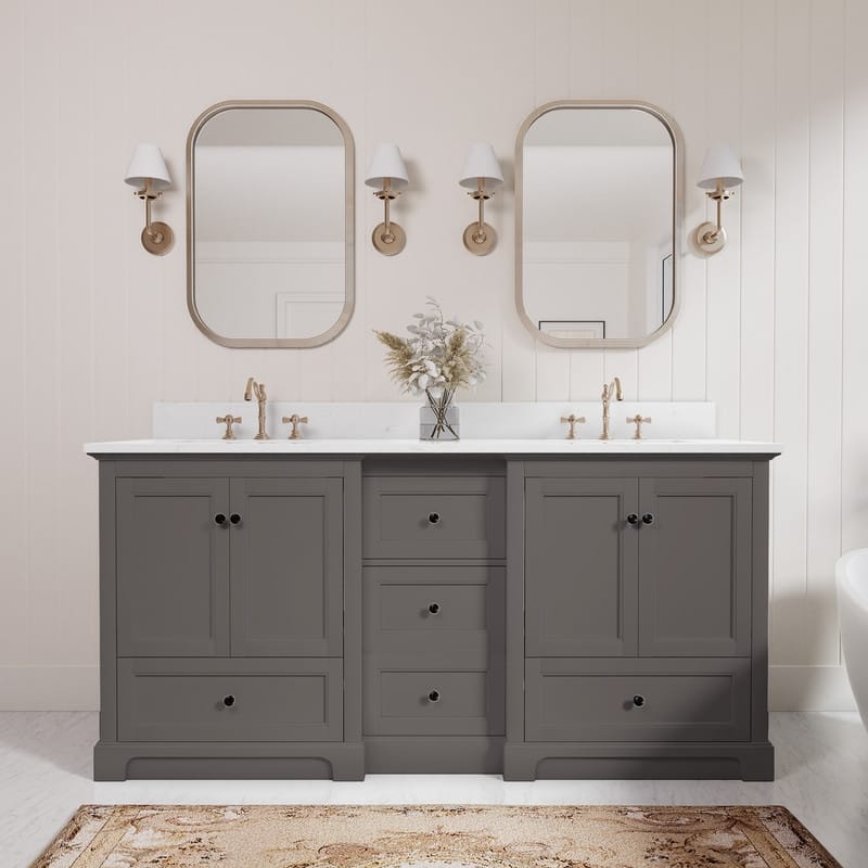 72-Inch Elegant Solid Wood Bathroom Vanity with Ceramic Top, Double Sinks, and Ample Storage - Brown