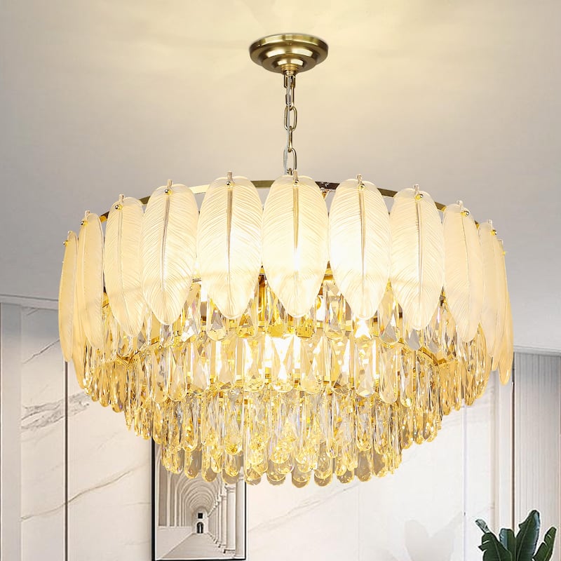 Modern Luxury Crystal Chandeliers, Adjustable Round Feather Crystal Pendant Light for Living Room, Bulbs Included