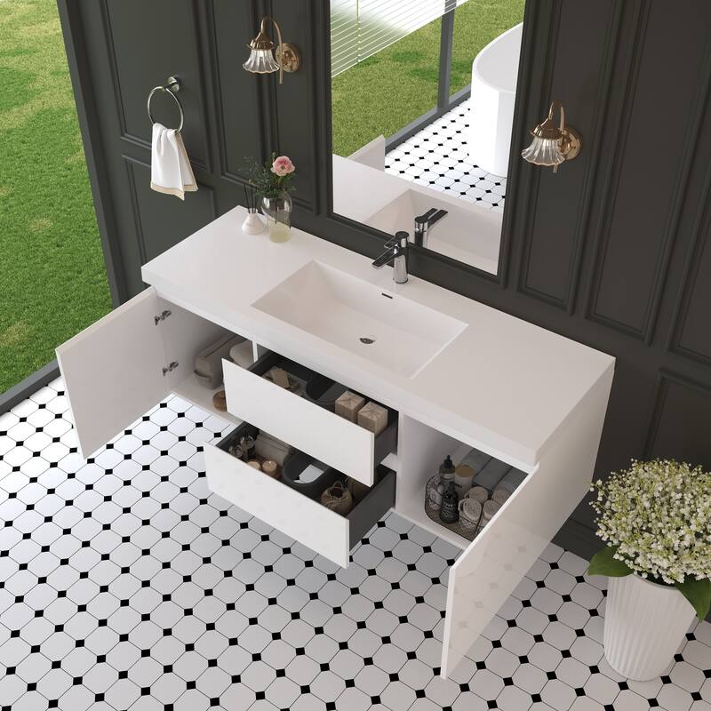 Modern Wall-Mounted Bathroom Vanity with White Solid Surface Top