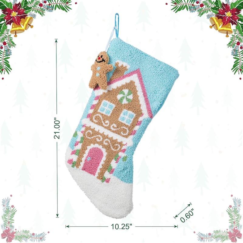 Glitzhome 21"L Hooked Yeti Gingerbread House Stocking with Gingerbread Man Ornament