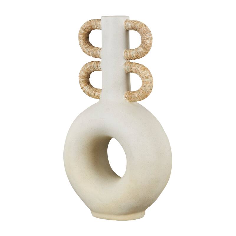 Cream Resin Round Speckled Vase with Woven Inspired Arched Handles and Cutout Opening