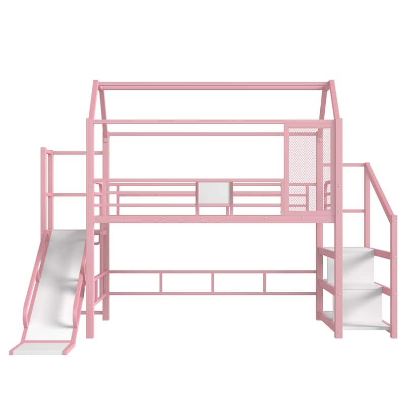 Fun Play House-shaped Loft Bed Metal Bed Frame with Grid and Shelves