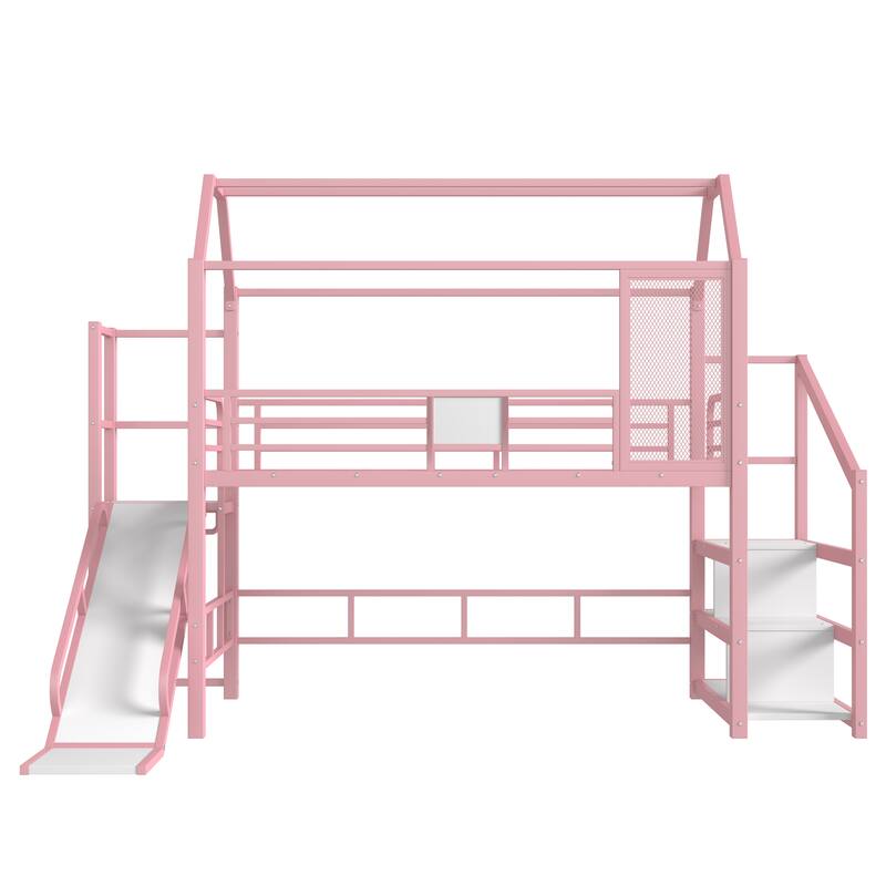 Roomfitters House Loft Bed with Slide and Stairs, Metal Playhouse Frame with Storage Shelves