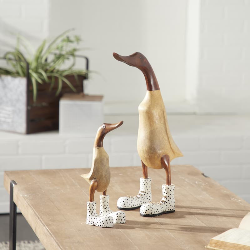 Bamboo Brown Wood Duck Decorative Sculpture - Set of 2 White or Black - Roche River Decor