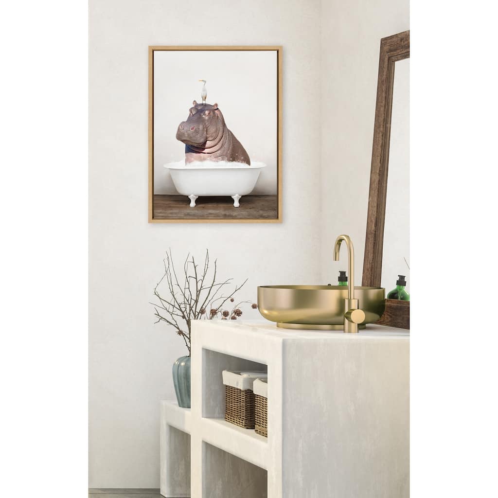 Kate and Laurel Hippo Bird Rustic Bath Framed Canvas by Amy Peterson