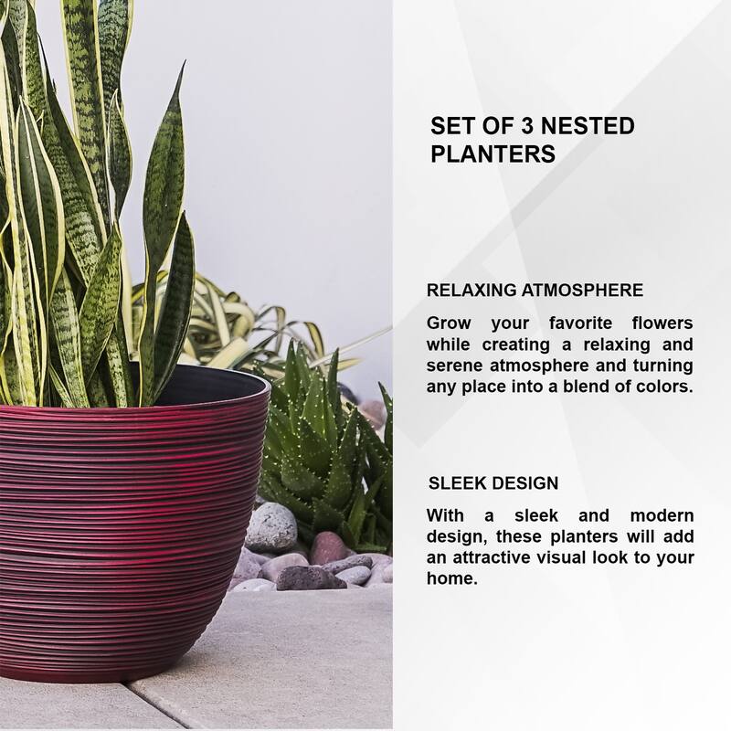 Xbrand Modern Nested Round Textured Pot Planter, Set of 3, 12 Inch Tall, Red