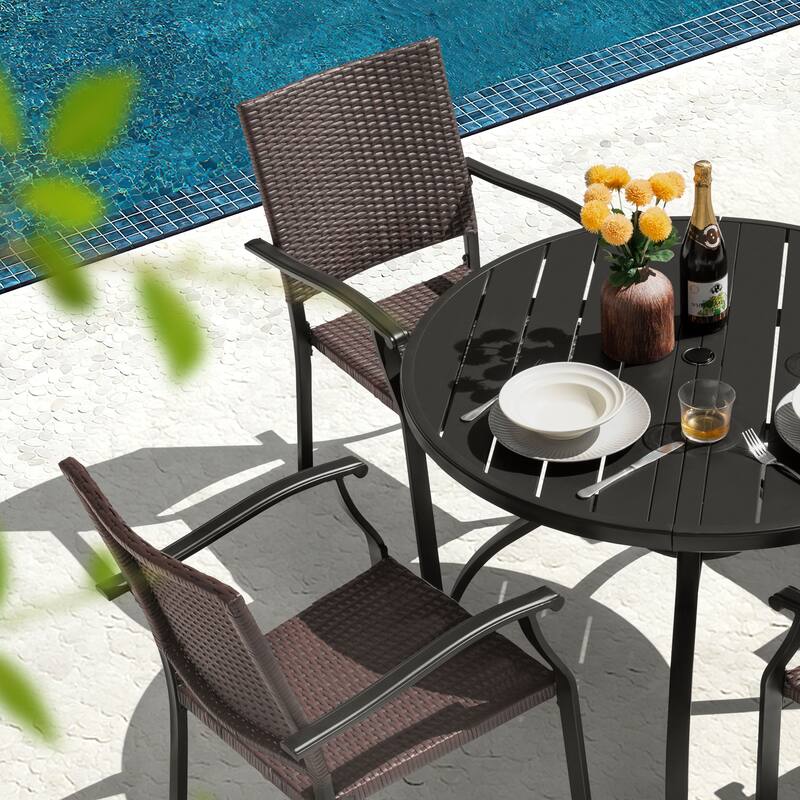 5PCS Outdoor Dining Set, 4 Wicker Chairs and Iron Table with Umbrella Hole, Black