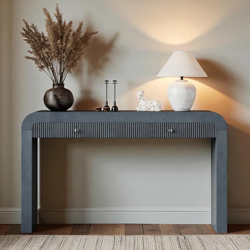 54.3" Rustic Console Table with Fluted Drawer, Curved Corners & Thick Legs, Entryway or Hallway Accent Table - Dark Navy