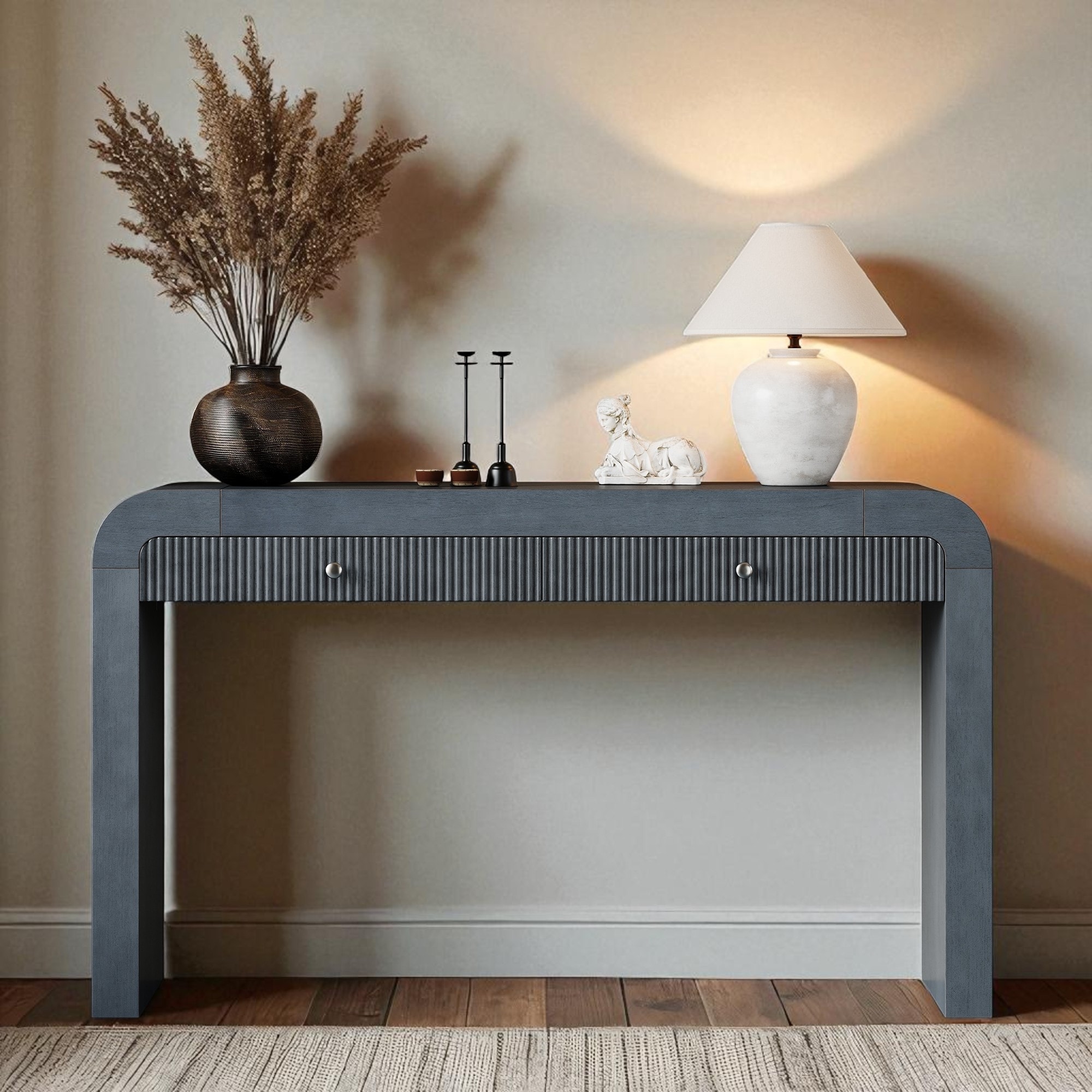 54.3" Rustic Console Table with Fluted Drawer, Curved Corners & Thick Legs, Entryway or Hallway Accent Table