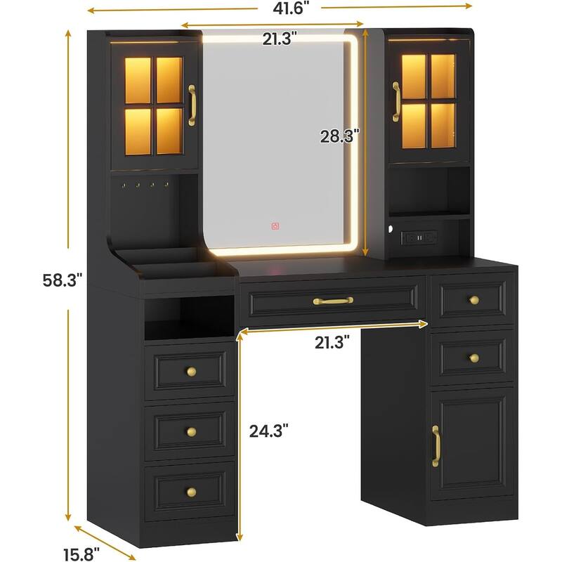 Vanity Desk Touch Screen Mirror Cabinets 6 Drawers 5 Jewelry Hooks