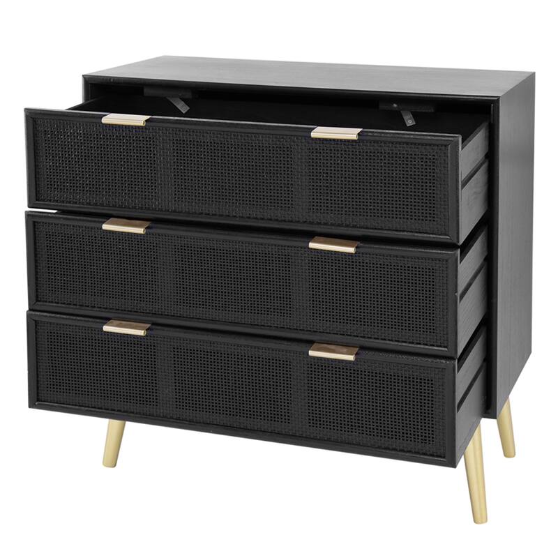 3-Drawer Woven Rattan Cabinet - 30.75" - Black