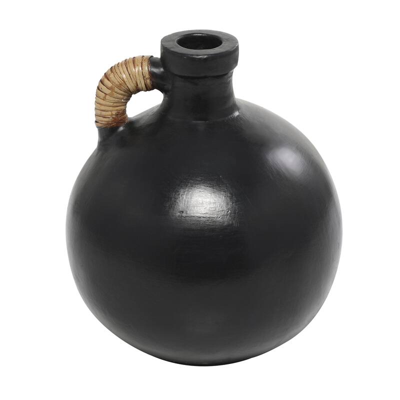 Ceramic Jug Inspired Decorative Vase with Rattan Wrapped Handle - Black or White - Roche River Decor