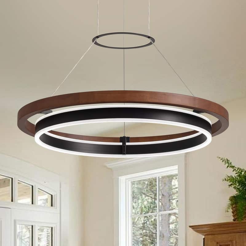 23.6 in. Modern Farmhouse Chandelier 2-Tier Round Ring Walnut LED Wooden Pendant Light for Kitchen Island