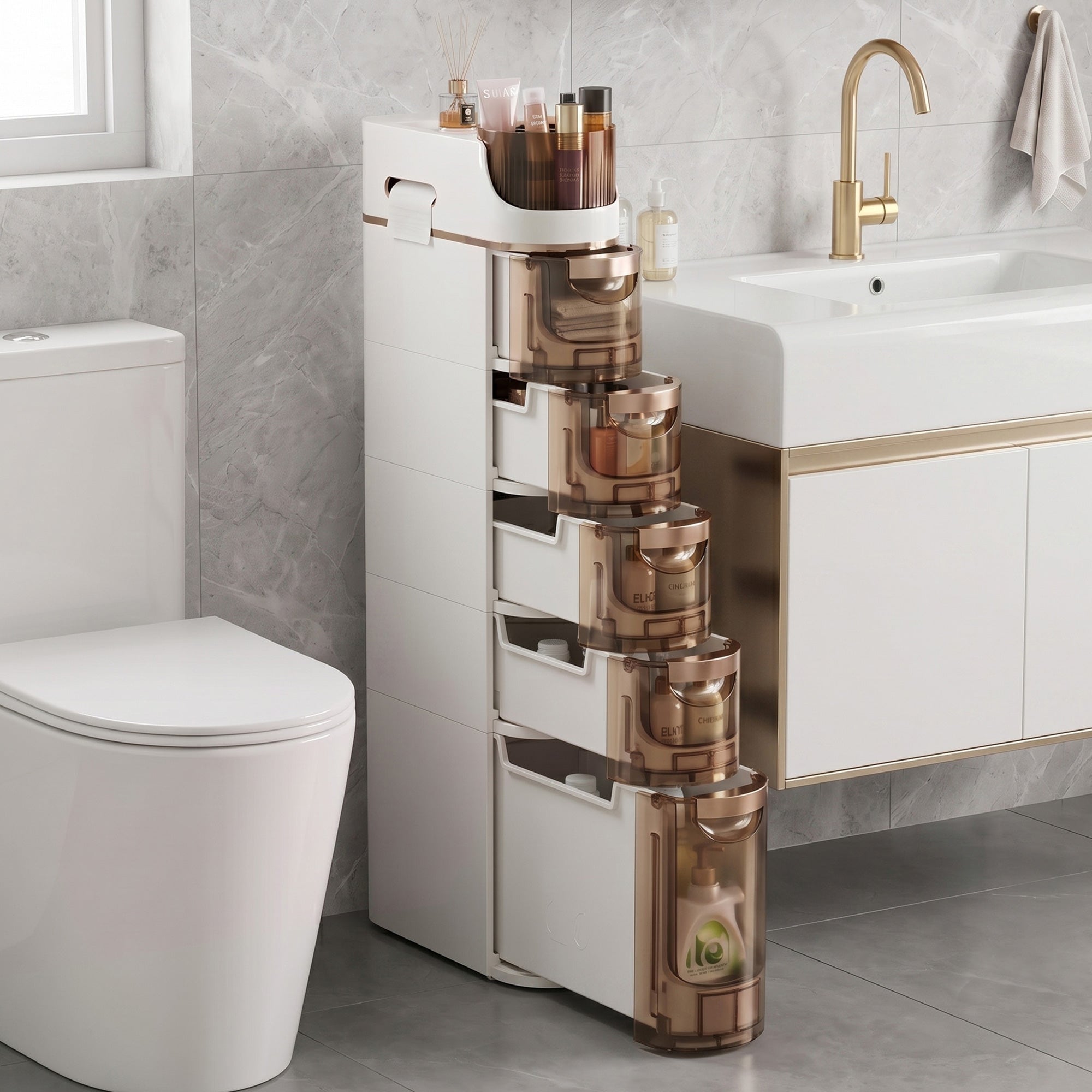 VECELO Slim Storage Bins Narrow Bathroom Storage Organizer Movable for Small Spaces