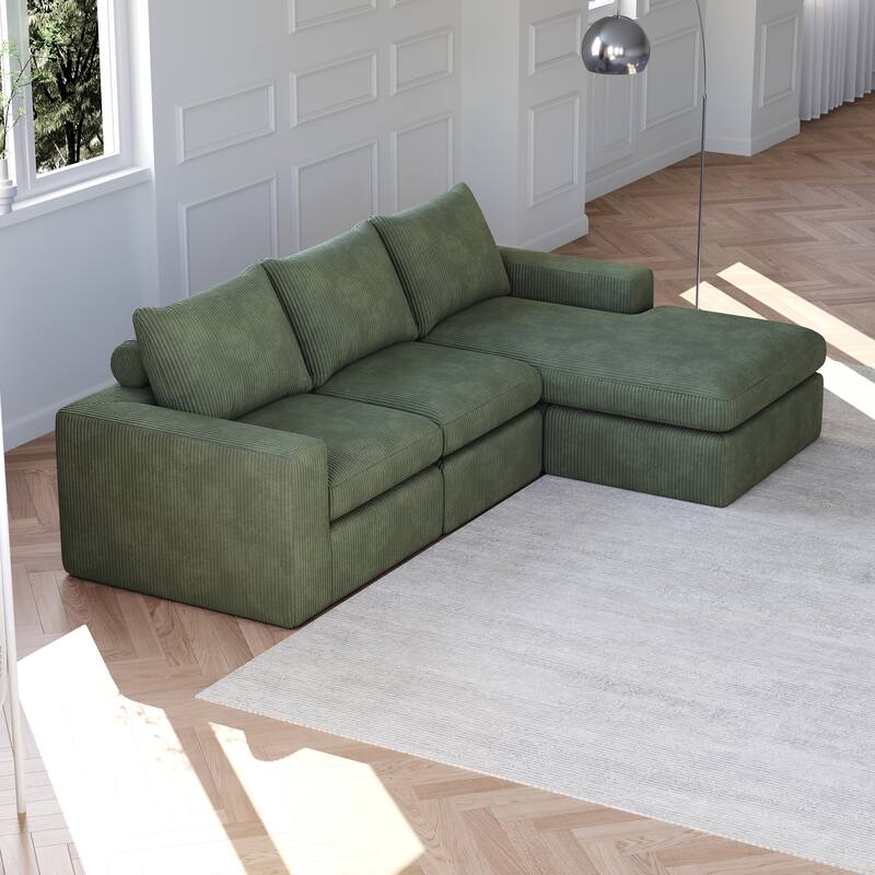 L-Shaped Sectional Sofa with Chaise Lounge, Corduroy Upholstered Boneless Couch, Module Corner Sofa with 3 Pillows