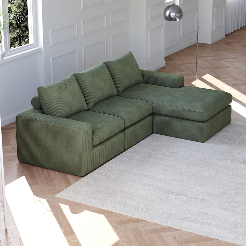 Roomfitters Modern 3-Seater Corduroy Cloud Sectional Sofa with Chaise, L-Shaped Boneless Couch with Pillows