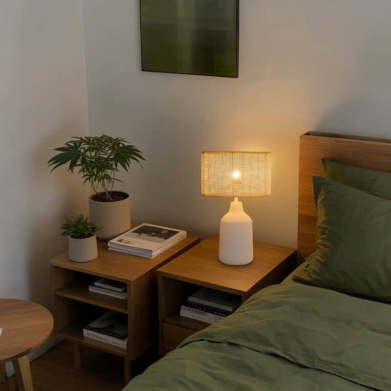 21 in. Boho Ceramic Table Lamp with Ceramic Base and Rattan Shade for Living Room, Bedroom, Dining Room