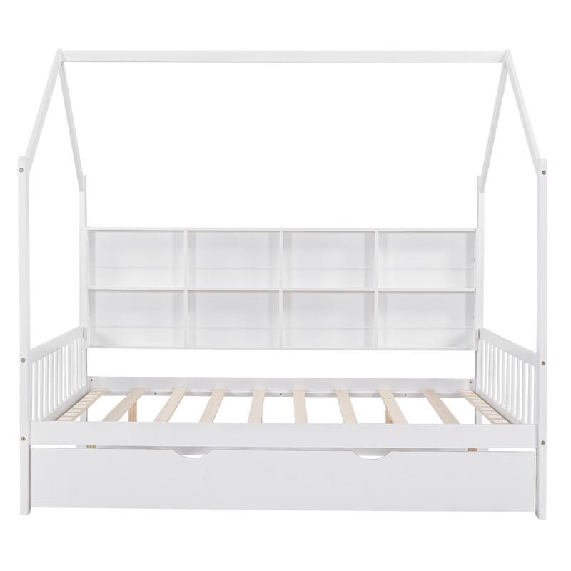 Full Size Wooden House Bed with Trundle and Shelf, Kids Bed