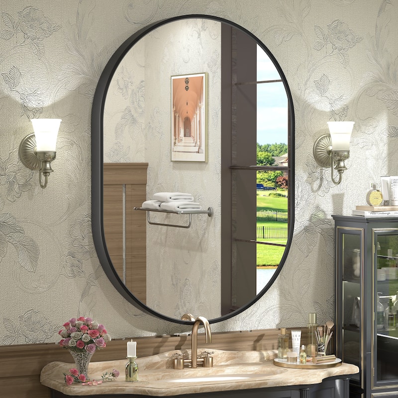 5-Year Warranty Aluminum Alloy Framed French Cleat Mounted Oval Wall Decor Bathroom Vanity Mirror - 40" x 28" - Black