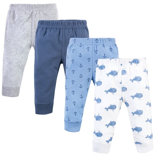 slide 1 of 1, Hudson Baby Infant Boy Cotton Pants 4pk, Blue Whales 0-3 Months - Blue Whales