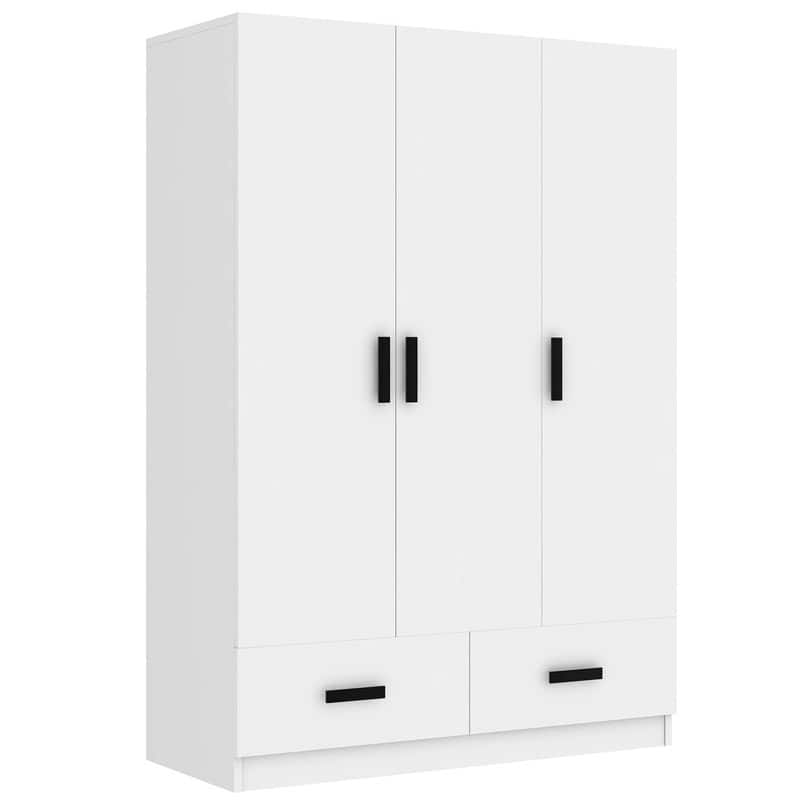 3 Door Bedroom Wardrobe Armoire with 2 Storage Drawers and Hanging Rod, Solid Wood Closet with Storage Shelves