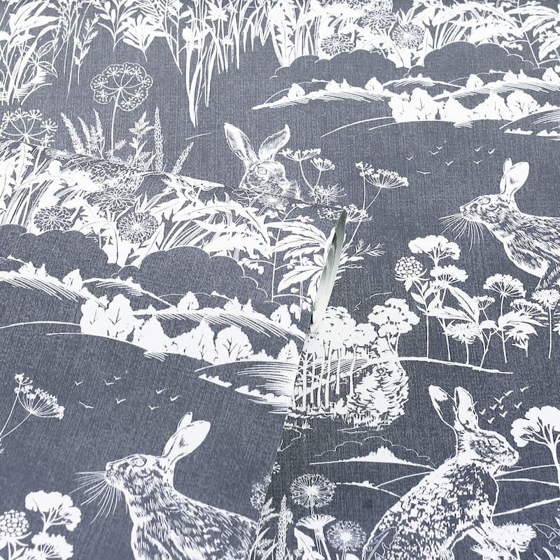Meadow Hare Floral Navy Wallpaper - 20.8 in. W x 33ft L - Double Roll