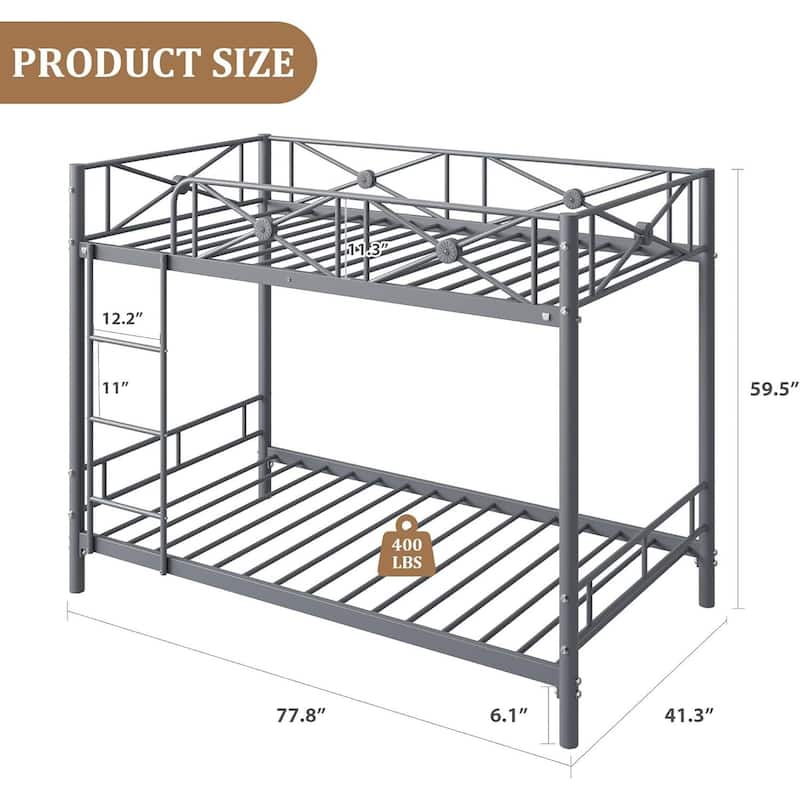Metal Bunk Bed Twin Over Twin, with Safety Guard Rails