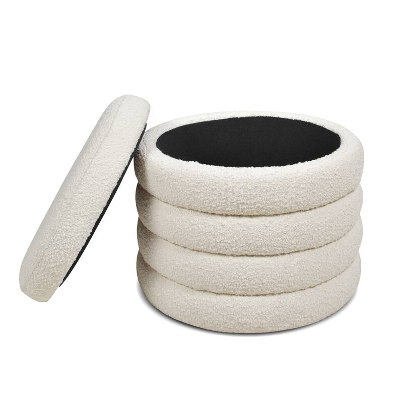 19" Oversized Round Upholstered Storage Ottoman, Sturdy Solid Birchwood and Plywood Frame, Boucle