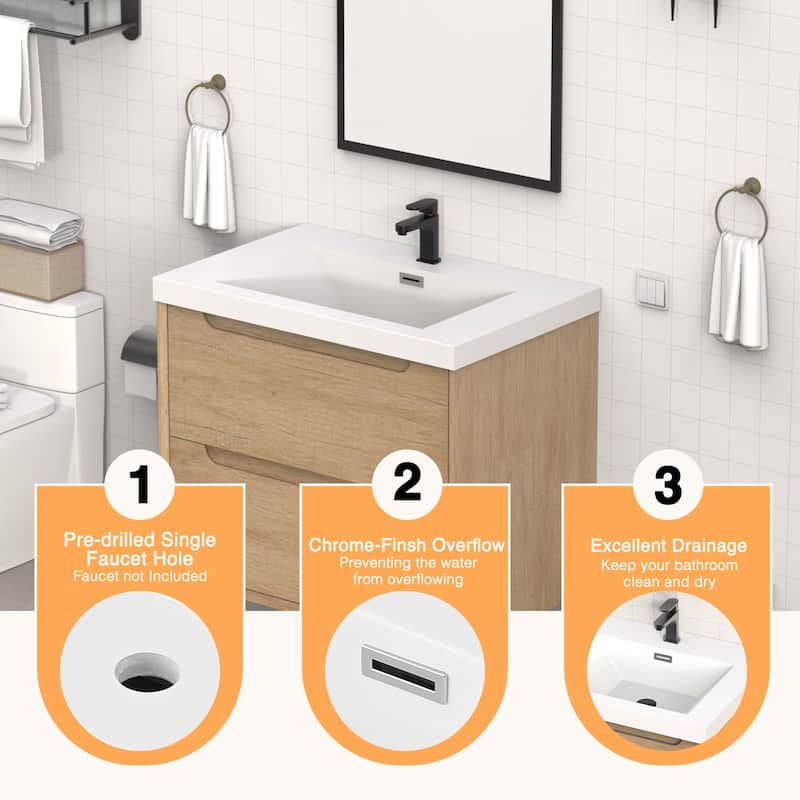 30" in. W x 26" in. D Modern Rectangular Integrated Resin Bathroom Sink Vanity Top One-Piece Design