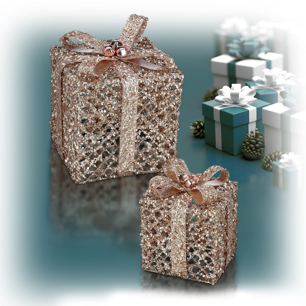 6"-8" Metal Gift Box Glitter W/Bow Set of 2