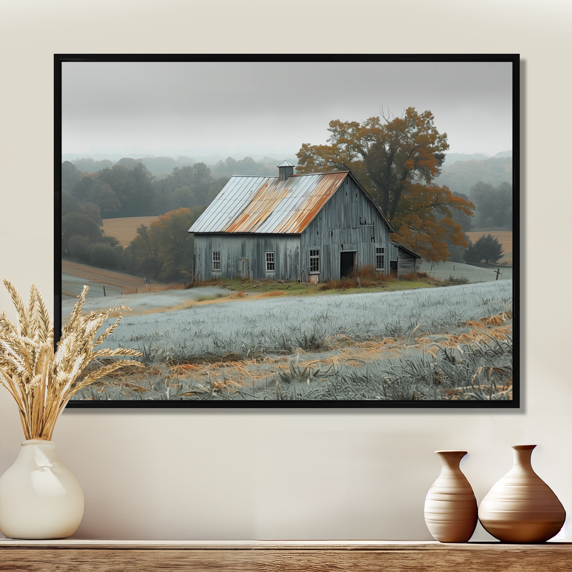 Designart "Winter Grey Autumn Barn Farming Heritage" Barn Framed Wall Art Traditional Wall Decor Art Blue Wall Art Print