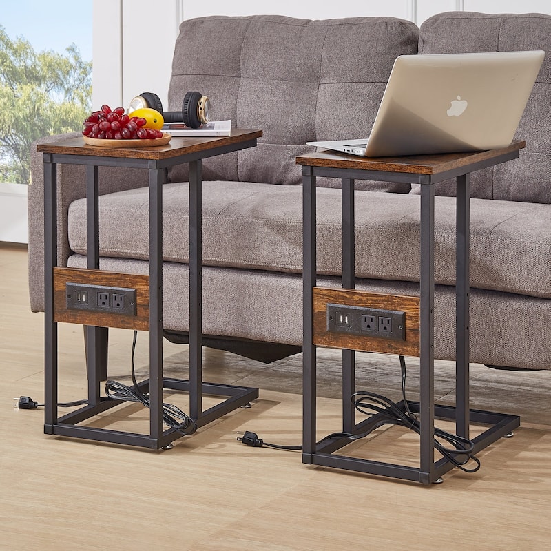 Javlergo Set of 2 C-Shaped End Tables with Charging Station Outlets & USB Fits Sofa Bed for Small Spaces Nightstand & Sofa Table