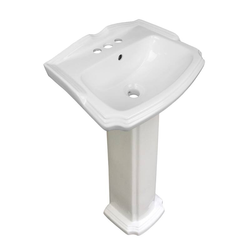 19" W Small White Porcelain Pedestal Bathroom Sink, Pedestal Leg, 4" Faucet, Drain and Overflow