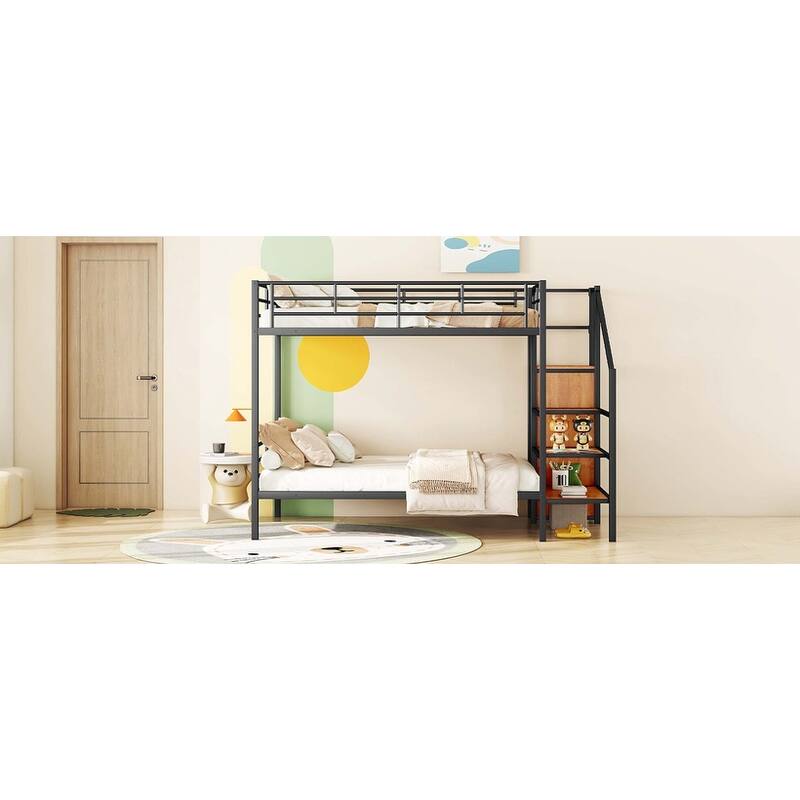 Full Over Full Metal Bunk Bed with Storage Ladder and Wardrobe