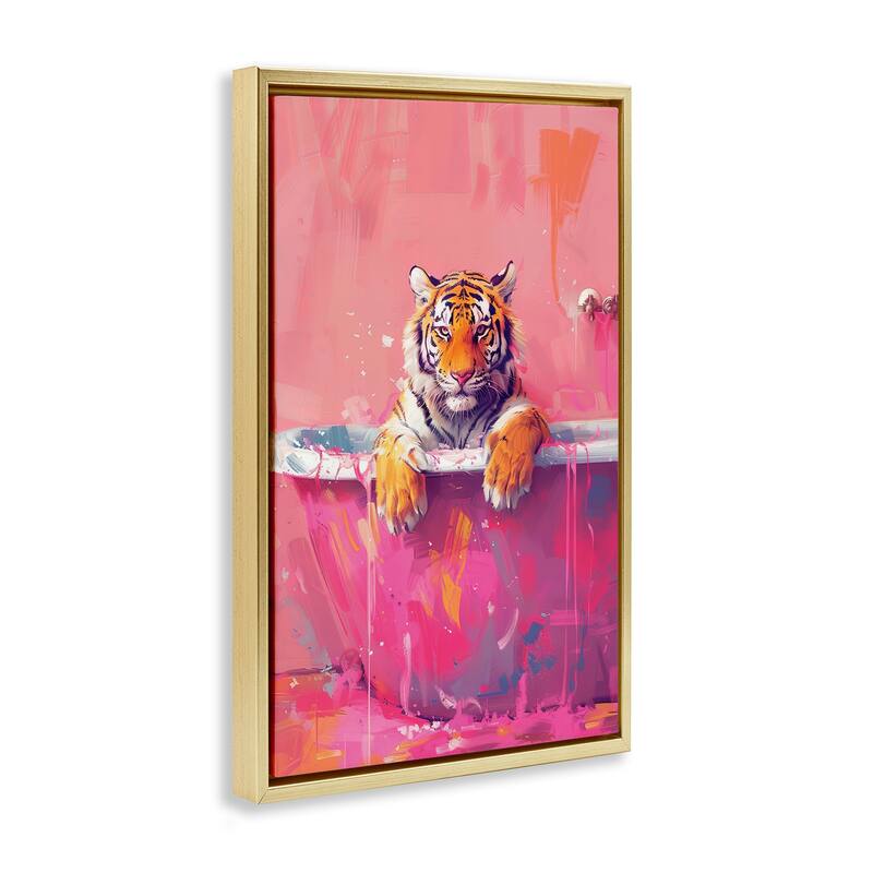 Stupell Bright Bathing Tiger in Tub Framed Floater Canvas Wall Art Design By LSR Design Studio